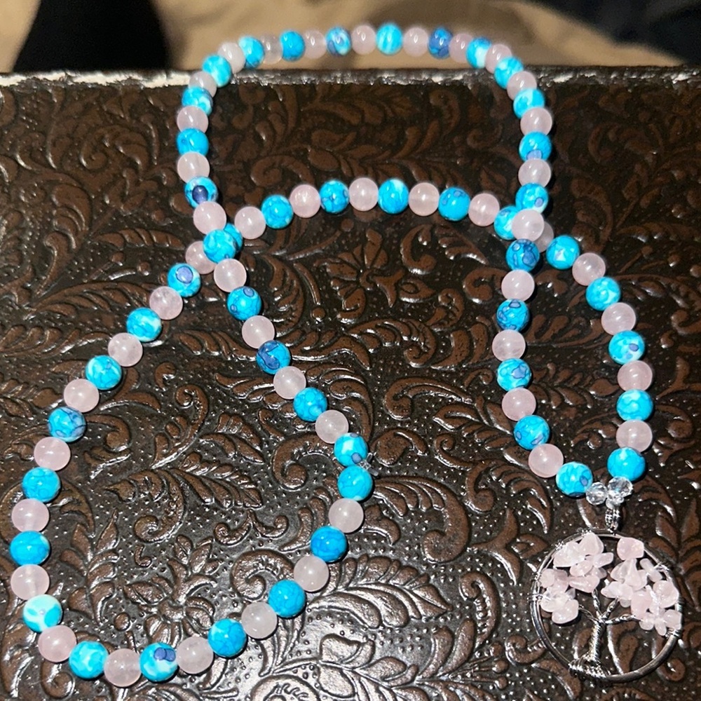 Candy Tree Necklace (Purple/ Blue Rain Flower Jade And Rose Quartz) - Picture 11 of 12